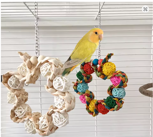1pc Rattan Ball Round-shaped Bird Swing Toy Grab Bite Toy Stand Grinding Teeth Hanging Chew Toys for Pet Bird Parrot Cage Decor